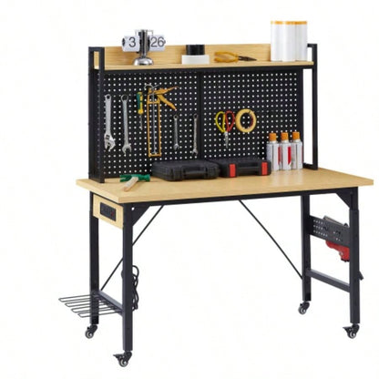 48Adjustable Workbench with pegboard, Heavy Duty Wooden Desktop Workbench with Wheels, 1600 lb. Load Capacity, Rolling Workbench with AC/USB Outlet, Hooks, Shelf, Garage, Workshop, Office, Home.