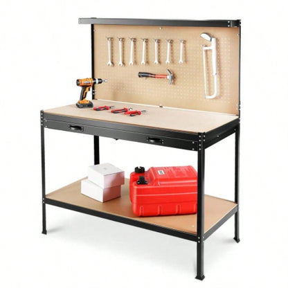 63 Tools Cabinet Working Tables Workbench Storage Workshop Table with Drawers and Pegboard
