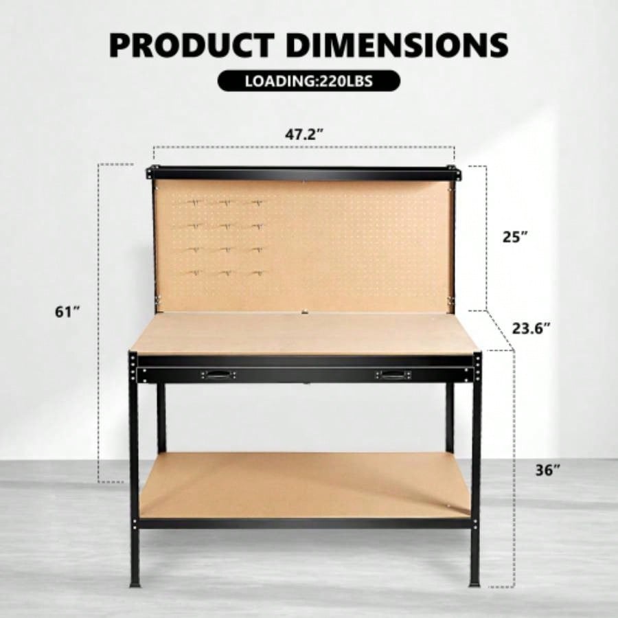 63 Tools Cabinet Working Tables Workbench Storage Workshop Table with Drawers and Pegboard