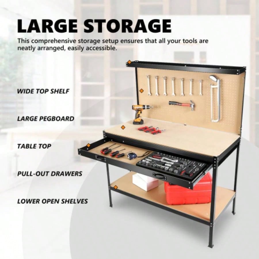63 Tools Cabinet Working Tables Workbench Storage Workshop Table with Drawers and Pegboard