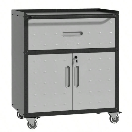 Sturdy and Durable Metal Cabinet Garage with Wheels - Mobile Heavy - Duty Storage Cabinet with 1 Drawer and 2 Locking Doors, Rolling Storage Cabinet, Black and Gray
