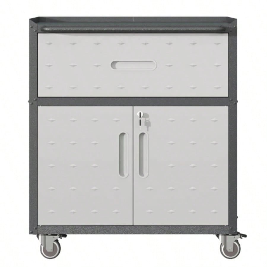 Sturdy and Durable Metal Cabinet Garage with Wheels - Mobile Heavy - Duty Storage Cabinet with 1 Drawer and 2 Locking Doors, Rolling Storage Cabinet, Black and Gray