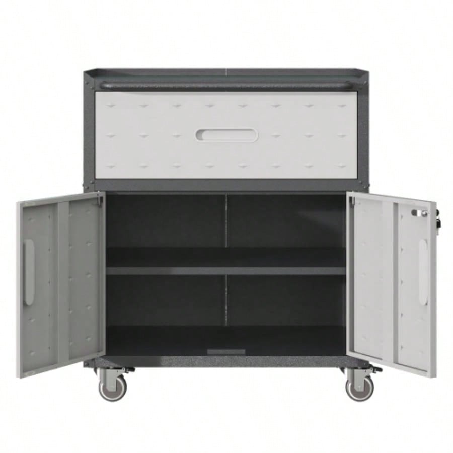Sturdy and Durable Metal Cabinet Garage with Wheels - Mobile Heavy - Duty Storage Cabinet with 1 Drawer and 2 Locking Doors, Rolling Storage Cabinet, Black and Gray
