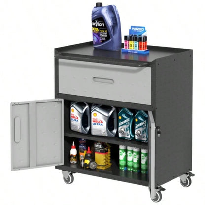 Sturdy and Durable Metal Cabinet Garage with Wheels - Mobile Heavy - Duty Storage Cabinet with 1 Drawer and 2 Locking Doors, Rolling Storage Cabinet, Black and Gray