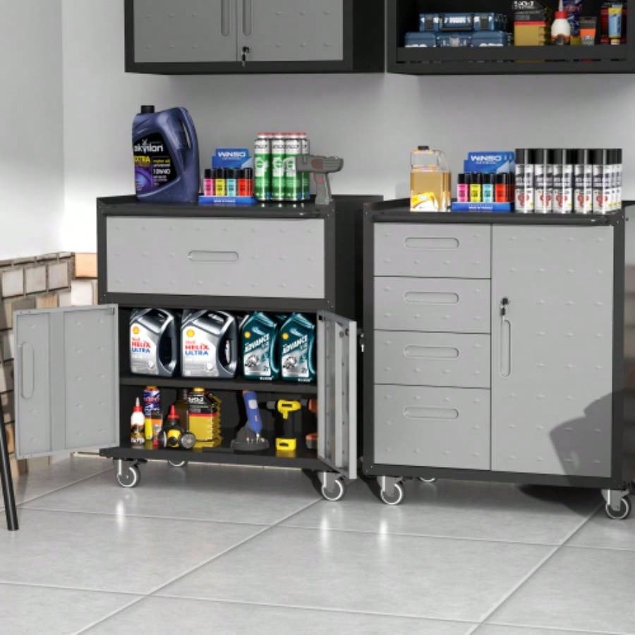 Sturdy and Durable Metal Cabinet Garage with Wheels - Mobile Heavy - Duty Storage Cabinet with 1 Drawer and 2 Locking Doors, Rolling Storage Cabinet, Black and Gray