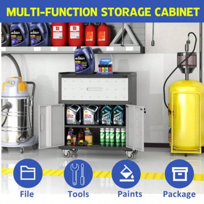 Sturdy and Durable Metal Cabinet Garage with Wheels - Mobile Heavy - Duty Storage Cabinet with 1 Drawer and 2 Locking Doors, Rolling Storage Cabinet, Black and Gray
