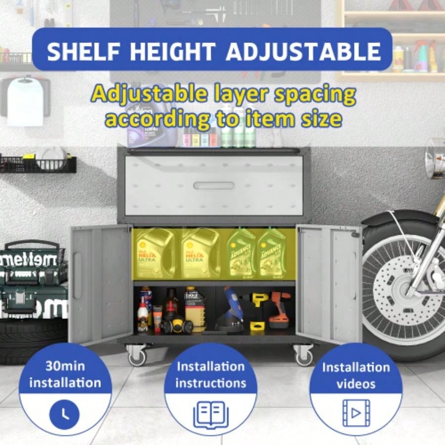 Sturdy and Durable Metal Cabinet Garage with Wheels - Mobile Heavy - Duty Storage Cabinet with 1 Drawer and 2 Locking Doors, Rolling Storage Cabinet, Black and Gray