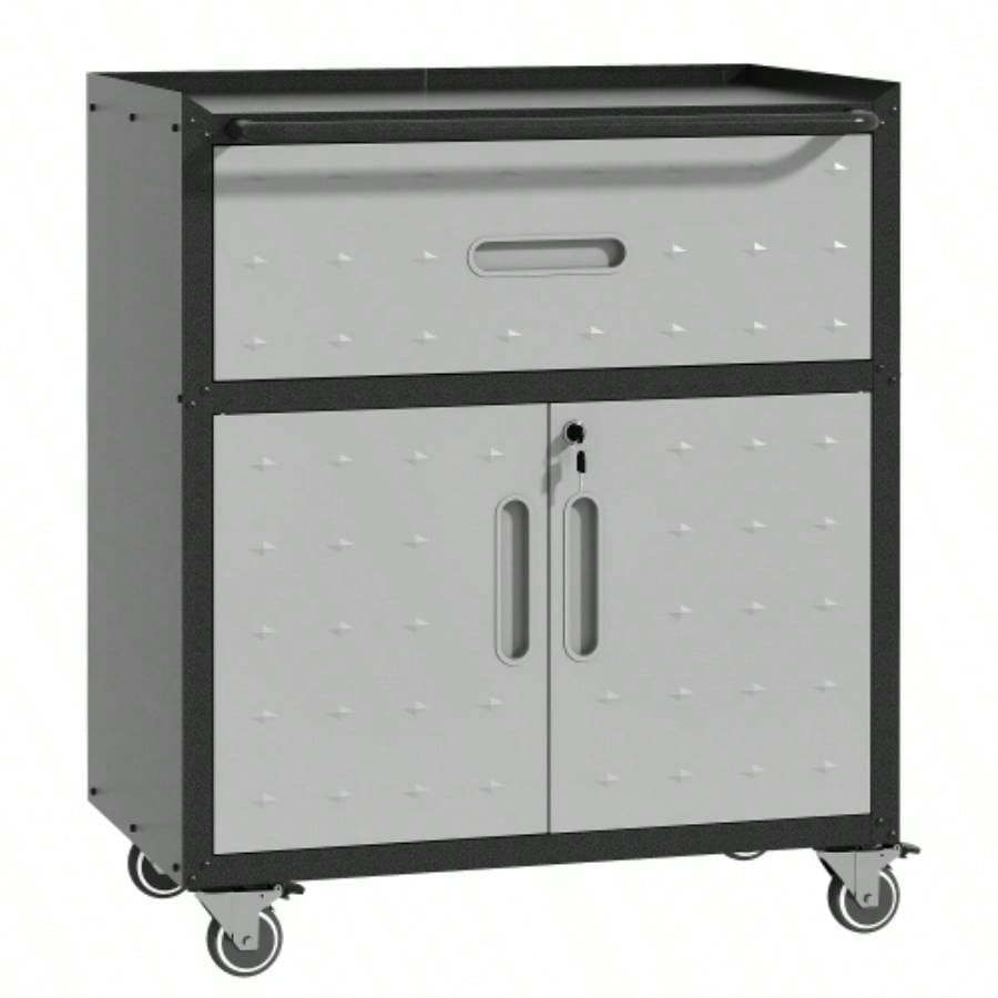 Sturdy and Durable Metal Cabinet Garage with Wheels - Mobile Heavy - Duty Storage Cabinet with 1 Drawer and 2 Locking Doors, Rolling Storage Cabinet, Black and Gray