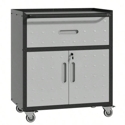 Sturdy and Durable Metal Cabinet Garage with Wheels - Mobile Heavy - Duty Storage Cabinet with 1 Drawer and 2 Locking Doors, Rolling Storage Cabinet, Black and Gray