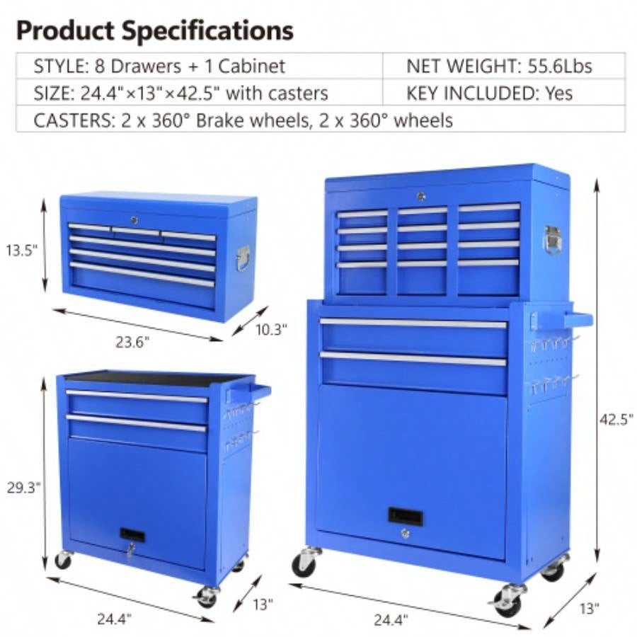 Rolling Chest with Wheels and 8 Drawers, Detachable Large Cabinet with Lock Garage, Locking Mechanic Cart with Black Liner Warehouse, Workshop, High Capacity