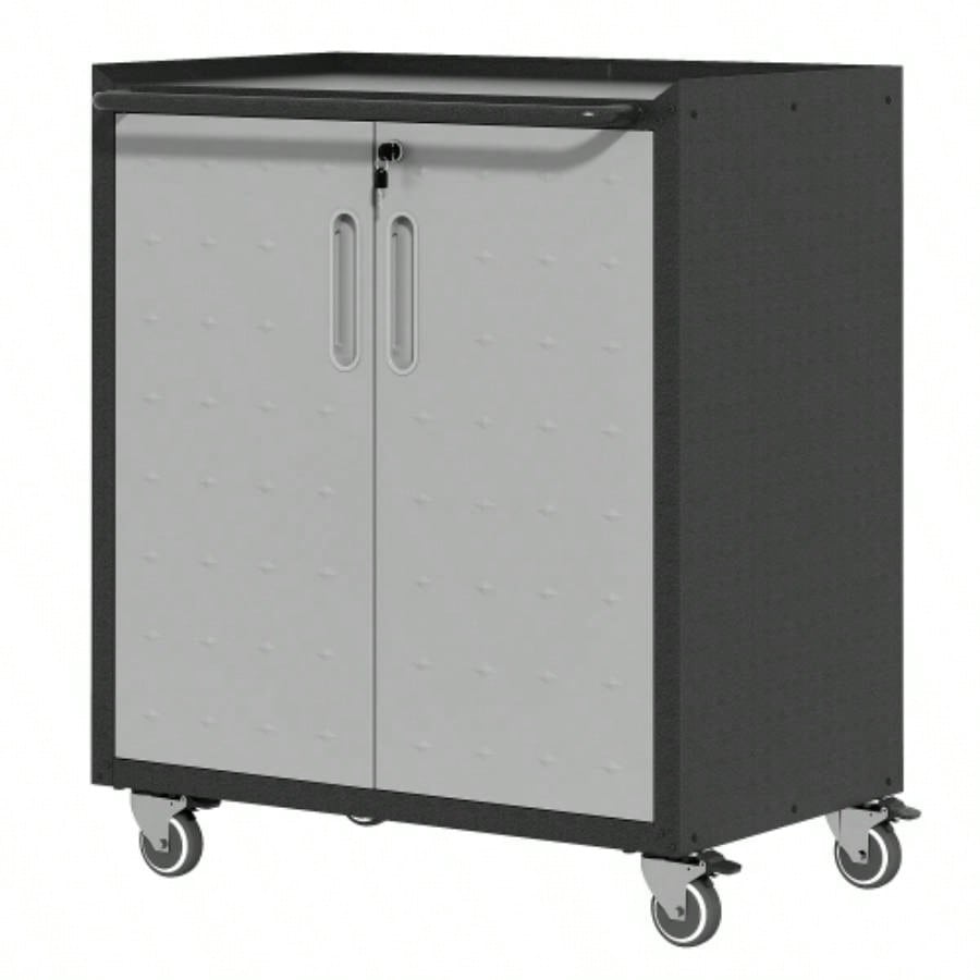 Sturdy and Durable Metal Cabinet Garage with Wheels - Mobile Heavy - Duty Storage Cabinet with 1 Drawer and 2 Locking Doors, Rolling Storage Cabinet, Black and Gray