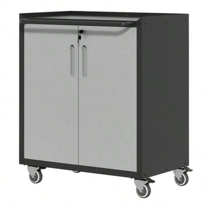 Sturdy and Durable Metal Cabinet Garage with Wheels - Mobile Heavy - Duty Storage Cabinet with 1 Drawer and 2 Locking Doors, Rolling Storage Cabinet, Black and Gray