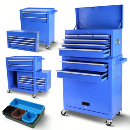 Rolling Chest with Wheels and 8 Drawers, Detachable Large Cabinet with Lock Garage, Locking Mechanic Cart with Black Liner Warehouse, Workshop, High Capacity
