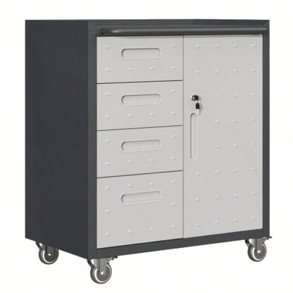 Sturdy and Durable Metal Cabinet Garage with Wheels - Mobile Heavy - Duty Storage Cabinet with 1 Drawer and 2 Locking Doors, Rolling Storage Cabinet, Black and Gray
