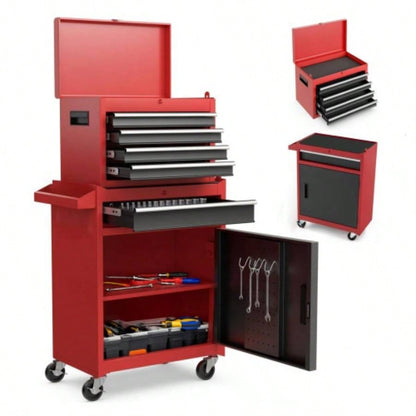 Chest, 5 - Drawer Rolling Storage Cabinet with Detachable Top Box, Liner, Universal Lockable Wheels, Adjustable Shelf, Locking Mechanism, Metal Cart Garage Workshop