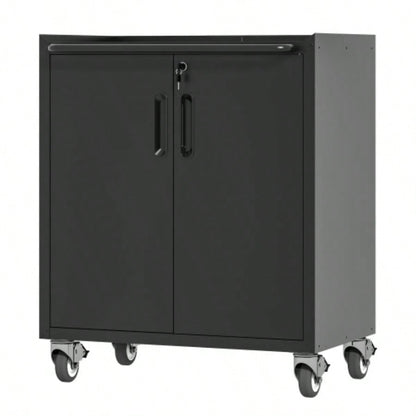Sturdy and Durable Metal Cabinet Garage with Wheels - Mobile Heavy - Duty Storage Cabinet with 1 Drawer and 2 Locking Doors, Rolling Storage Cabinet, Black and Gray