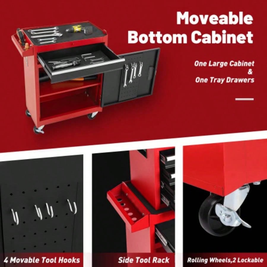 Chest, 5 - Drawer Rolling Storage Cabinet with Detachable Top Box, Liner, Universal Lockable Wheels, Adjustable Shelf, Locking Mechanism, Metal Cart Garage Workshop