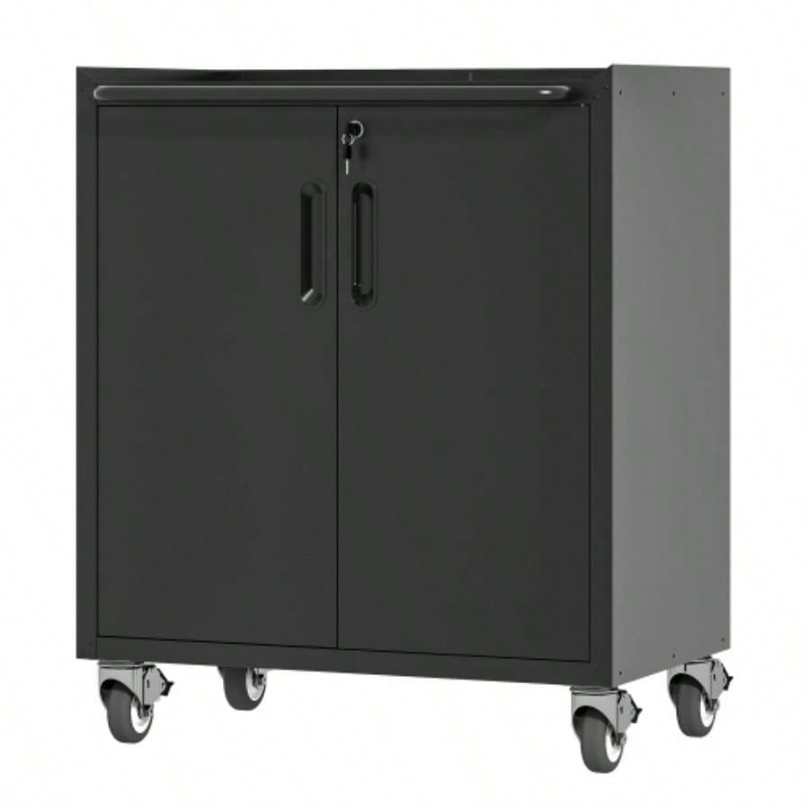 Sturdy and Durable Metal Cabinet Garage with Wheels - Mobile Heavy - Duty Storage Cabinet with 1 Drawer and 2 Locking Doors, Rolling Storage Cabinet, Black and Gray