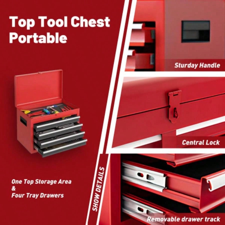 Chest, 5 - Drawer Rolling Storage Cabinet with Detachable Top Box, Liner, Universal Lockable Wheels, Adjustable Shelf, Locking Mechanism, Metal Cart Garage Workshop