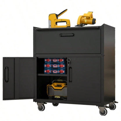 Sturdy and Durable Metal Cabinet Garage with Wheels - Mobile Heavy - Duty Storage Cabinet with 1 Drawer and 2 Locking Doors, Rolling Storage Cabinet, Black and Gray