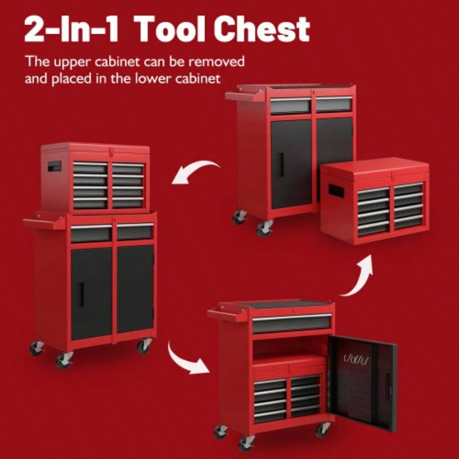 Chest, 5 - Drawer Rolling Storage Cabinet with Detachable Top Box, Liner, Universal Lockable Wheels, Adjustable Shelf, Locking Mechanism, Metal Cart Garage Workshop
