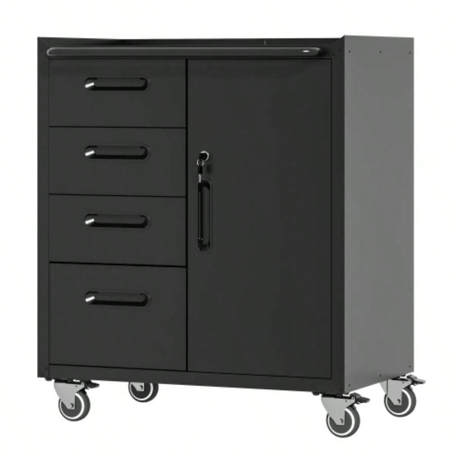 Sturdy and Durable Metal Cabinet Garage with Wheels - Mobile Heavy - Duty Storage Cabinet with 1 Drawer and 2 Locking Doors, Rolling Storage Cabinet, Black and Gray