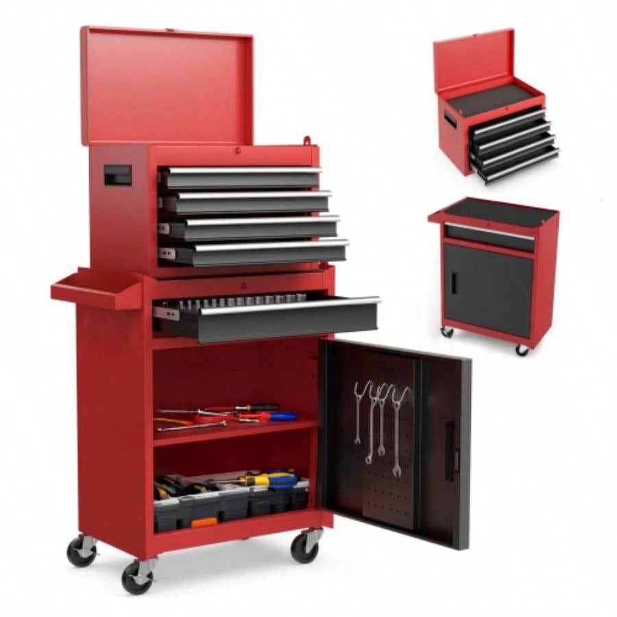 Chest, 5 - Drawer Rolling Storage Cabinet with Detachable Top Box, Liner, Universal Lockable Wheels, Adjustable Shelf, Locking Mechanism, Metal Cart Garage Workshop
