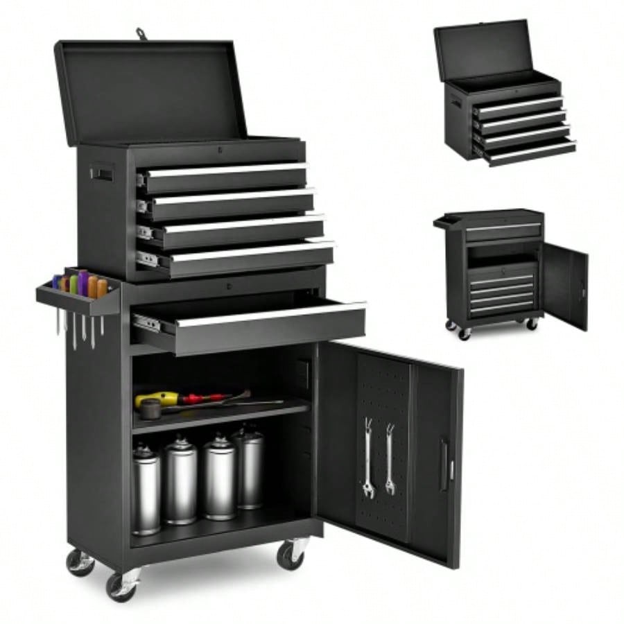 Chest, 5 - Drawer Rolling Storage Cabinet with Detachable Top Box, Liner, Universal Lockable Wheels, Adjustable Shelf, Locking Mechanism, Metal Cart Garage Workshop