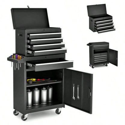 Chest, 5 - Drawer Rolling Storage Cabinet with Detachable Top Box, Liner, Universal Lockable Wheels, Adjustable Shelf, Locking Mechanism, Metal Cart Garage Workshop