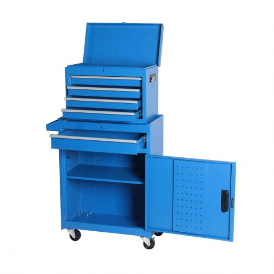 Chest, 5 - Drawer Rolling Storage Cabinet with Detachable Top Box, Liner, Universal Lockable Wheels, Adjustable Shelf, Locking Mechanism, Metal Cart Garage Workshop