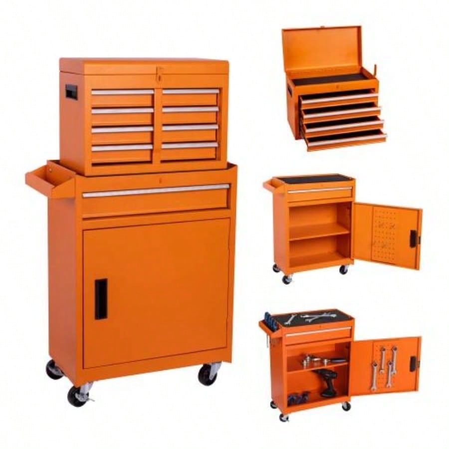 Chest, 5 - Drawer Rolling Storage Cabinet with Detachable Top Box, Liner, Universal Lockable Wheels, Adjustable Shelf, Locking Mechanism, Metal Cart Garage Workshop