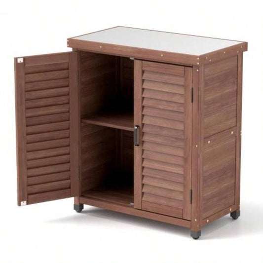 Potting with Storage Cabinet and Metal Table Top Outdoor Patio, Garden Furniture Wood Workstation 31.5x17x36