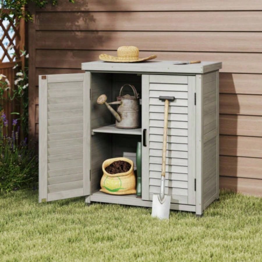Potting with Storage Cabinet and Metal Table Top Outdoor Patio, Garden Furniture Wood Workstation 31.5x17x36