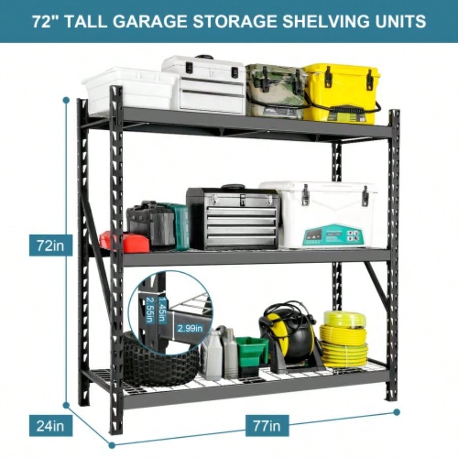 Garage Shelving Heavy Duty 72H*77 Garage Storage Shelves 6000LBS Heavy Duty Shelving Adjustable 3 Tier Metal Shelving Garage Storage Shelving Industrial Shelving Storage Rack, Black