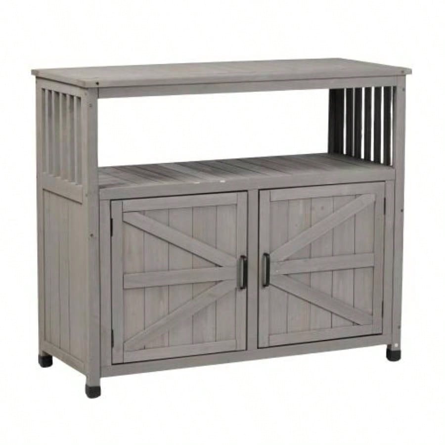 Potting with Storage Cabinet and Metal Table Top Outdoor Patio, Garden Furniture Wood Workstation 31.5x17x36