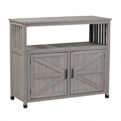 Potting with Storage Cabinet and Metal Table Top Outdoor Patio, Garden Furniture Wood Workstation 31.5x17x36