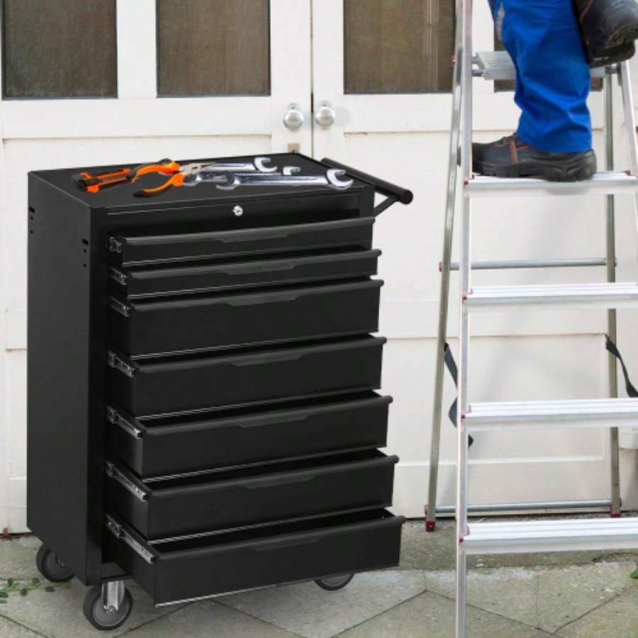 - Drawer Rolling Chest Cabinet, Large Capacity Metal Box with Wheels and Cylinder Locking, Roll Around Storage Organizer Cart Garage, Warehouse, Work Shop - Black