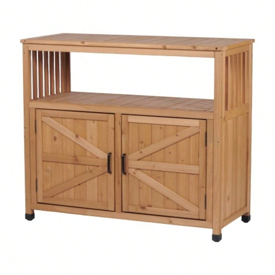 Potting with Storage Cabinet and Metal Table Top Outdoor Patio, Garden Furniture Wood Workstation 31.5x17x36