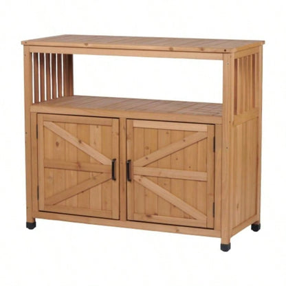 Potting with Storage Cabinet and Metal Table Top Outdoor Patio, Garden Furniture Wood Workstation 31.5x17x36