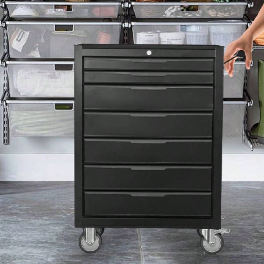 - Drawer Rolling Chest Cabinet, Large Capacity Metal Box with Wheels and Cylinder Locking, Roll Around Storage Organizer Cart Garage, Warehouse, Work Shop - Black