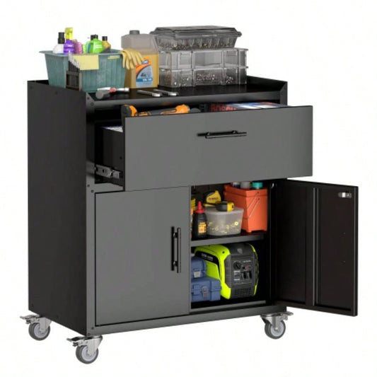2 Door+ 1 Drawer Cabinets Garage, Lockable Garage Storage Cabinet, Locking Metal Storage Cabinet with Wheels, Rolling Chest, Assembly Required H35.4*W30.3*