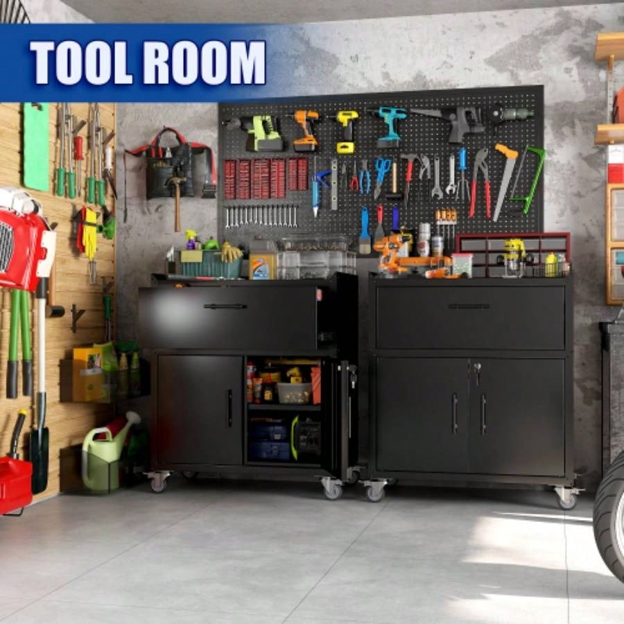 2 Door+ 1 Drawer Cabinets Garage, Lockable Garage Storage Cabinet, Locking Metal Storage Cabinet with Wheels, Rolling Chest, Assembly Required H35.4*W30.3*