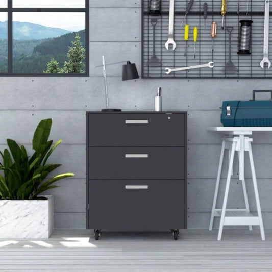 MultisStorage Cabinet 35 H, Three Drawers, Four Wheels, Black
