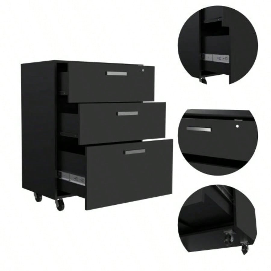 MultisStorage Cabinet 35 H, Three Drawers, Four Wheels, Black