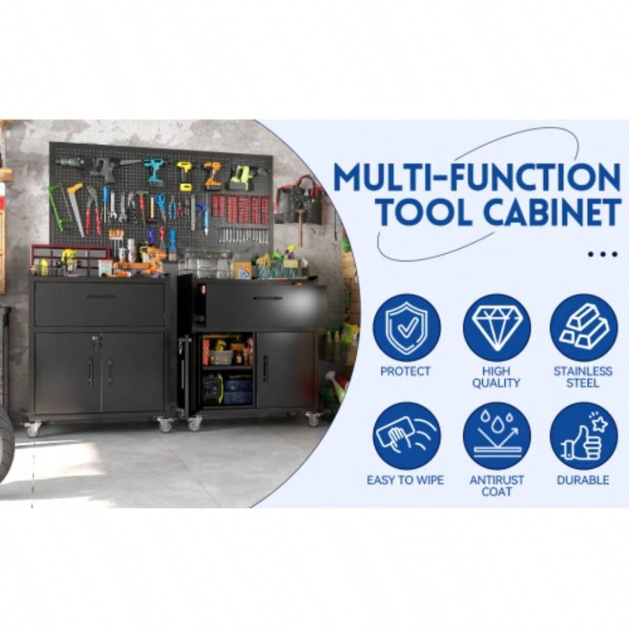 2 Door+ 1 Drawer Cabinets Garage, Lockable Garage Storage Cabinet, Locking Metal Storage Cabinet with Wheels, Rolling Chest, Assembly Required H35.4*W30.3*
