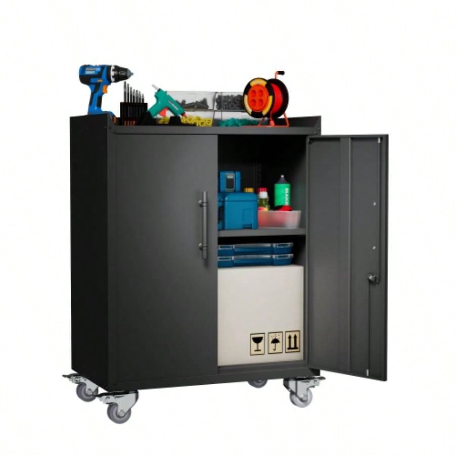 2 Door+ 1 Drawer Cabinets Garage, Lockable Garage Storage Cabinet, Locking Metal Storage Cabinet with Wheels, Rolling Chest, Assembly Required H35.4*W30.3*