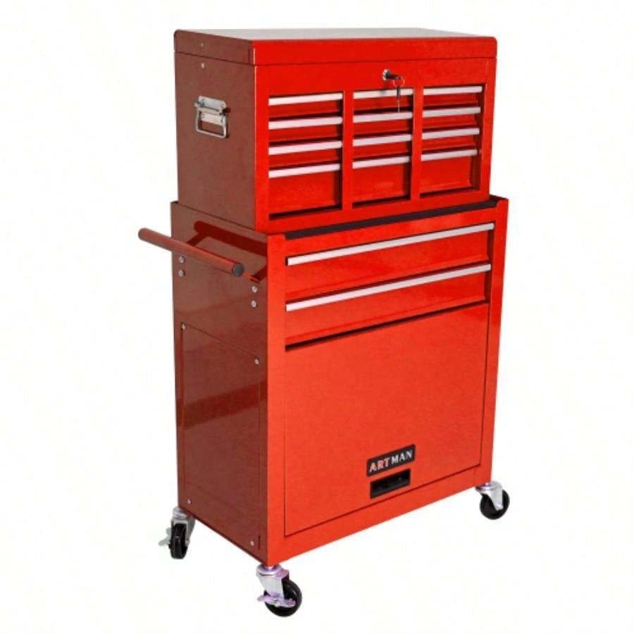 High Capacity Rolling Chest with Wheels and Drawers, 8 - Drawer Storage Cabinet - RED