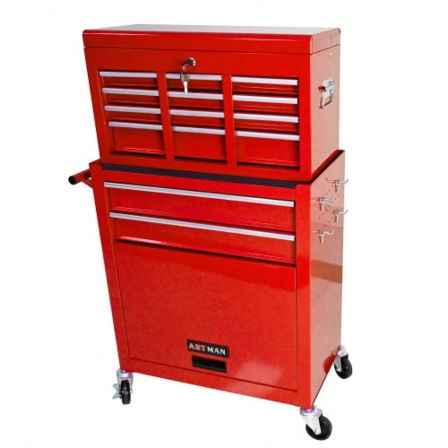 High Capacity Rolling Chest with Wheels and Drawers, 8 - Drawer Storage Cabinet - RED
