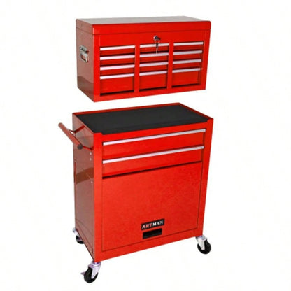 High Capacity Rolling Chest with Wheels and Drawers, 8 - Drawer Storage Cabinet - RED