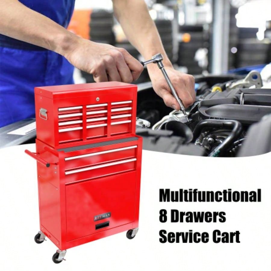High Capacity Rolling Chest with Wheels and Drawers, 8 - Drawer Storage Cabinet - RED